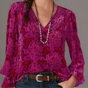 Women’s Sundance Velvet Burnout Red Purple V-Neck Boho Blouse Size large